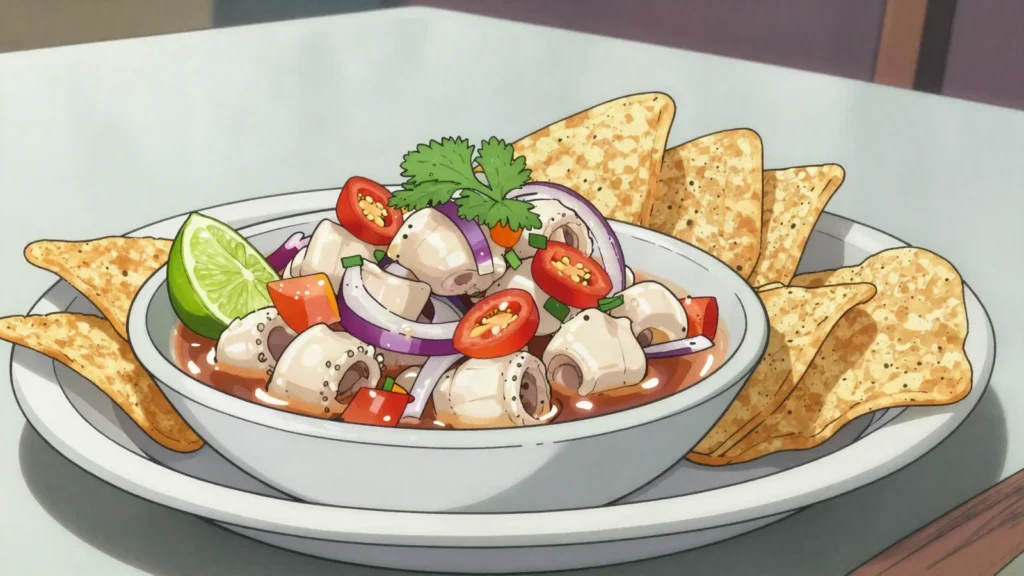 Conch ceviche, lime-cured conch with onion, tomato, habanero, Belize snack, anime style