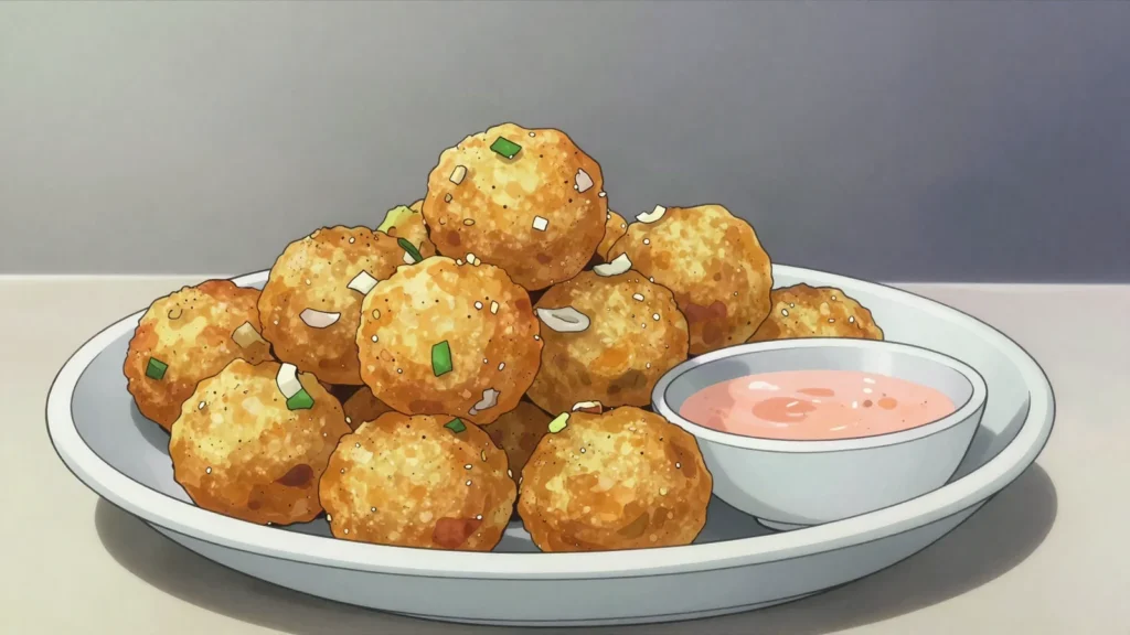 Conch fritters, battered conch balls with spicy dipping sauce, Bahamas snack, anime style