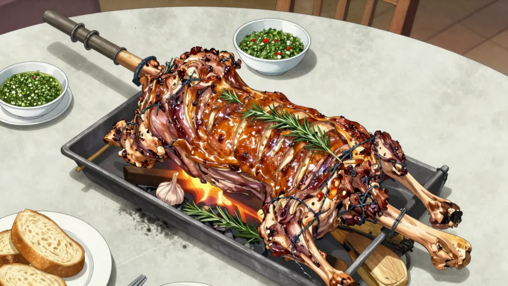 Cordero patagónico, whole lamb splayed on an iron cross and roasted for hours by the fire, Argentina main, anime style