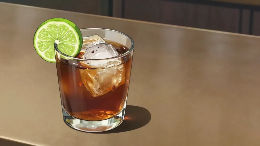 Corn and oil, dark rum stirred with falernum, lime and bitters over ice, Barbados cocktail, anime style