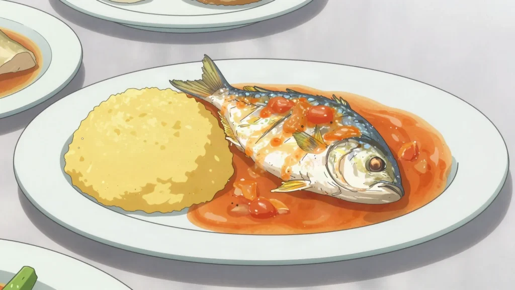 Cou-cou and flying fish, national dish: cornmeal-okra mash with steamed flying fish, Barbados main, anime style