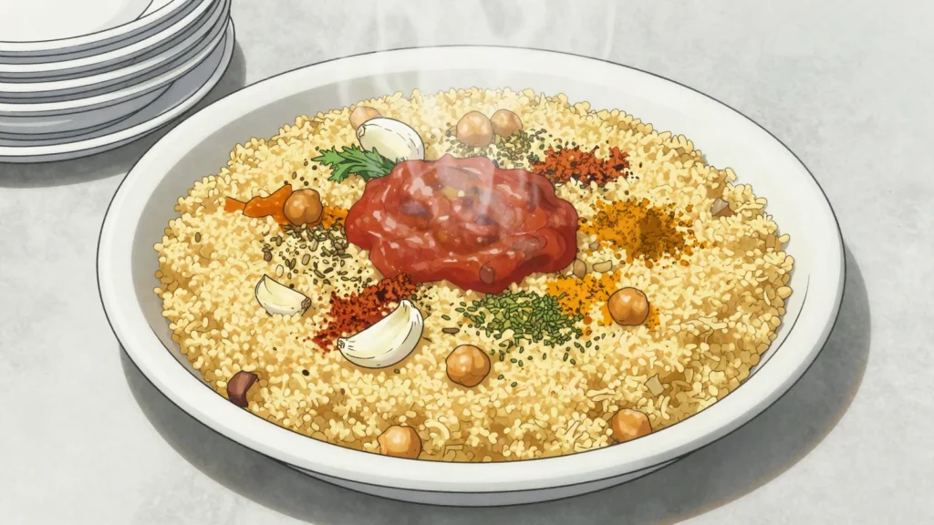 Couscous, steamed semolina often crowned with fish, in harissa-red spicy broth, Tunisia main, anime style