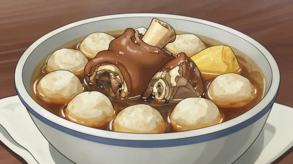 Cow foot soup, gelatinous stewed cow's feet with yam, cassava and dumplings, Belize soup & stew, anime style