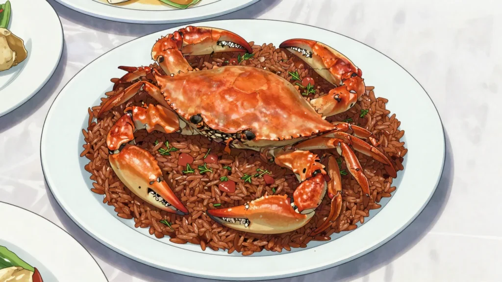 Crab and rice, land crab cooked down with rice, thyme and tomato until dark, Bahamas main, anime style