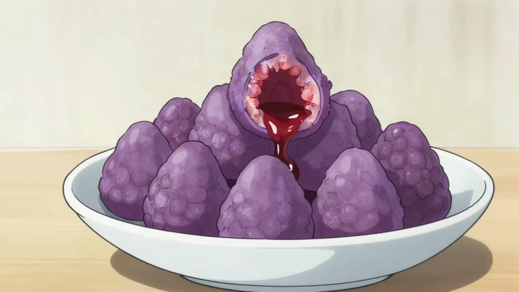 Cuberdon, purple cone-shaped sweet with a hard shell and syrupy liquid centre, Belgium snack, anime style
