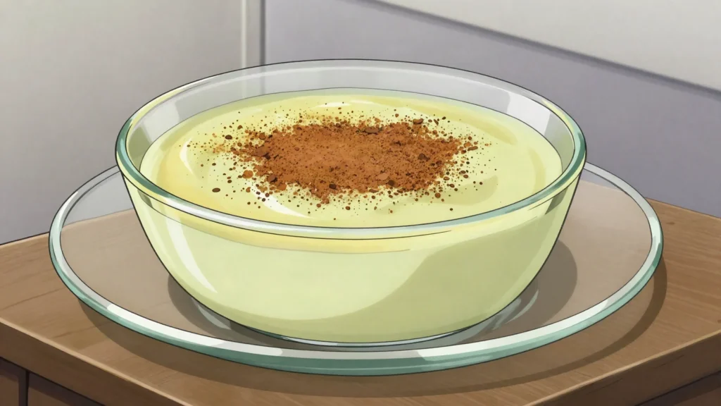 Curau, pudding of grated green maize and milk, dusted with cinnamon, Brazil dessert, anime style