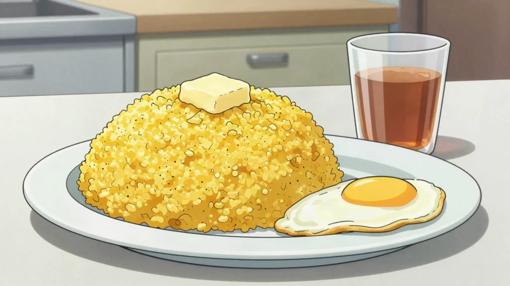 Cuscuz nordestino, steamed corn couscous with butter, eggs or cheese, northeastern mornings, Brazil breakfast, anime style