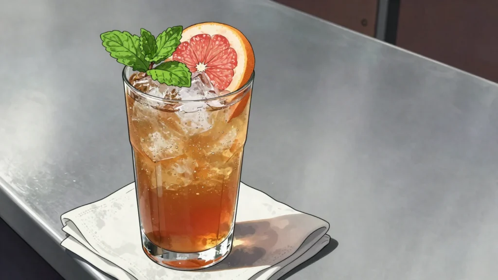 Cynar Julep, artichoke bitter with grapefruit juice and soda over crushed ice, Argentina cocktail, anime style