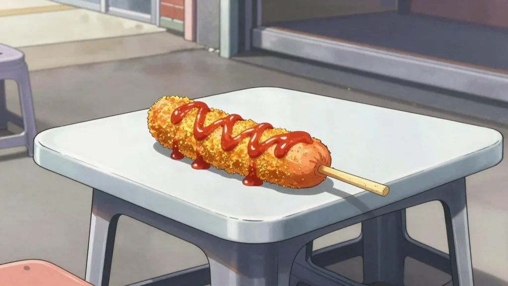 Dagwood Dog, battered sausage on a stick, deep-fried and coated in tomato sauce, Australia street food, anime style
