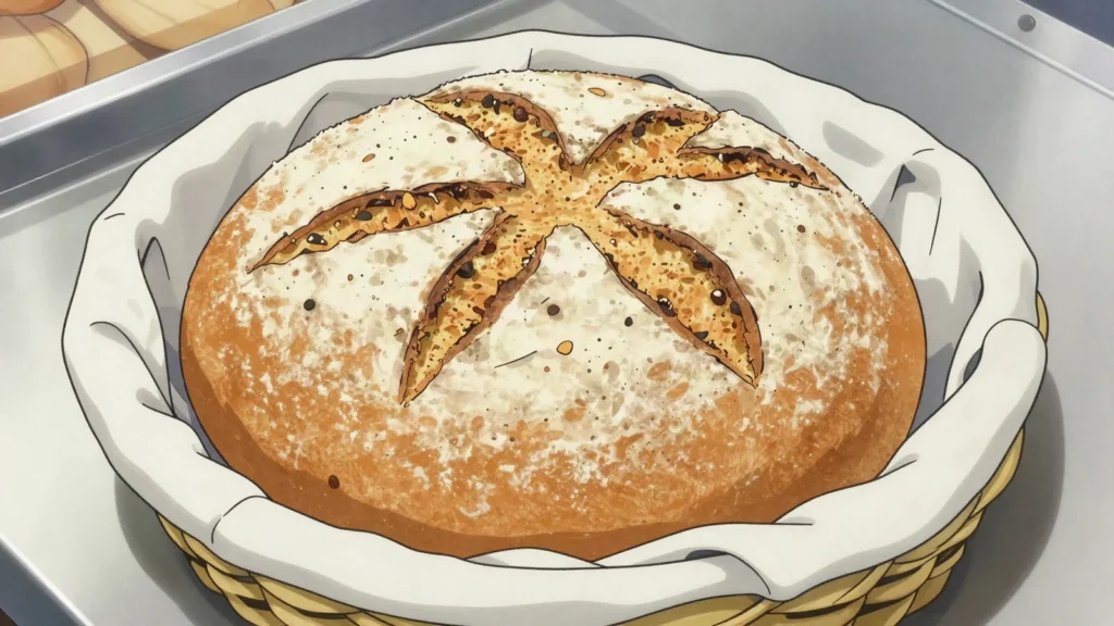 Damper, bush soda bread traditionally baked in campfire coals, Australia bread & pastry, anime style