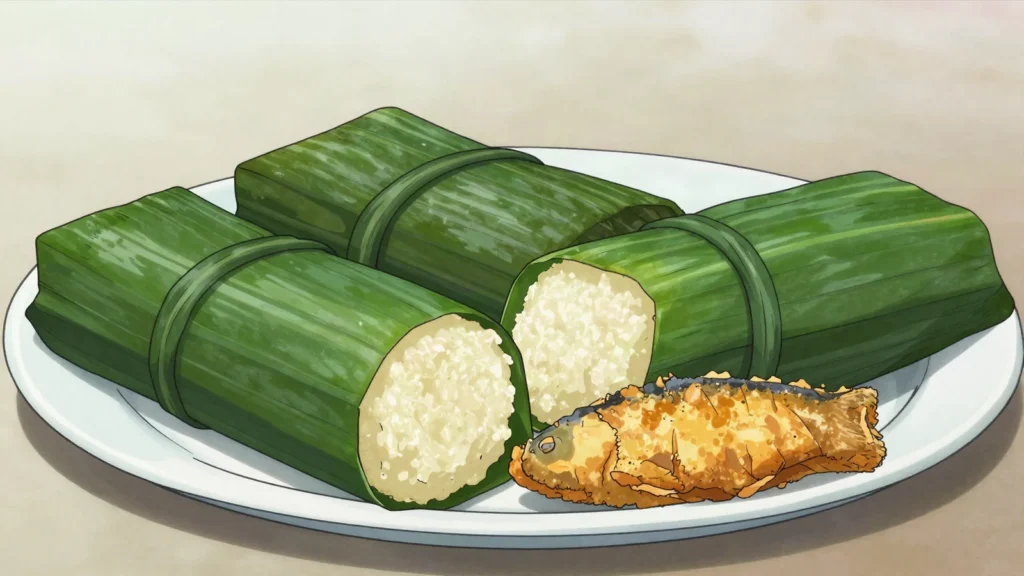 Darasa, grated green banana wrapped in banana leaf and boiled, eaten with fish, Belize snack, anime style