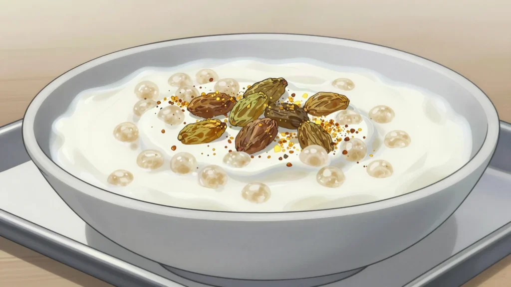 Dèguè, millet couscous grains stirred into sweetened soured milk and eaten cold, Togo dessert, anime style