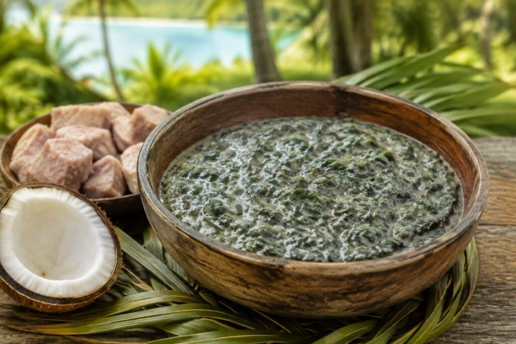 Demok, taro leaves stewed to a thick green mash with coconut milk and crab meat, Palau soup & stew, anime style