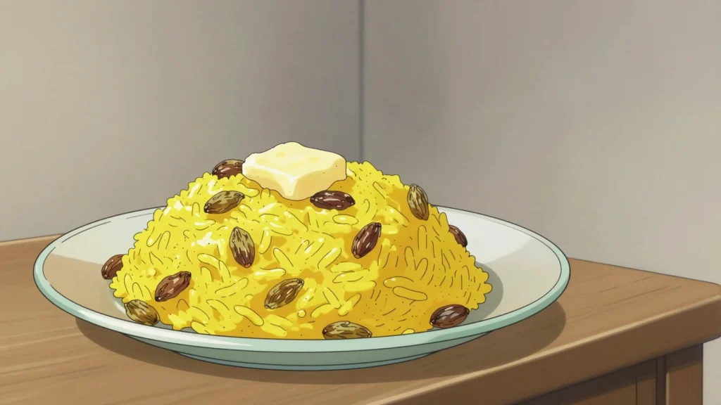 Desi, sweet saffron rice with butter and raisins, served in small portions at ceremonies, Bhutan dessert, anime style