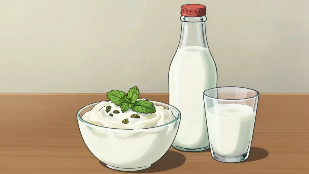 Dhallë, salted diluted yoghurt drunk cold with pite, grilled meat and peppers, Kosovo drink, anime style