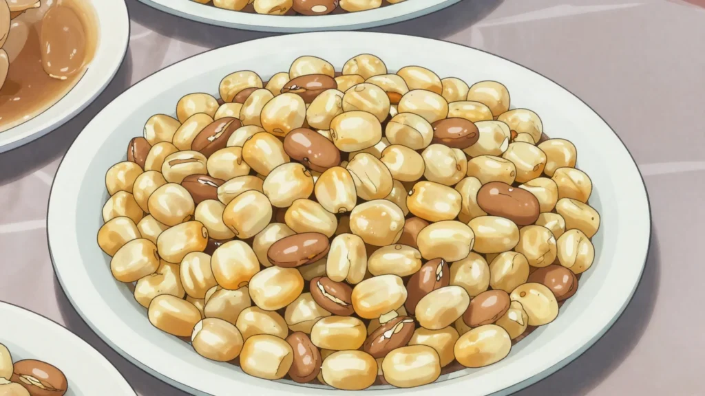 Dikgobe, samp or whole corn boiled together with beans, Botswana main, anime style