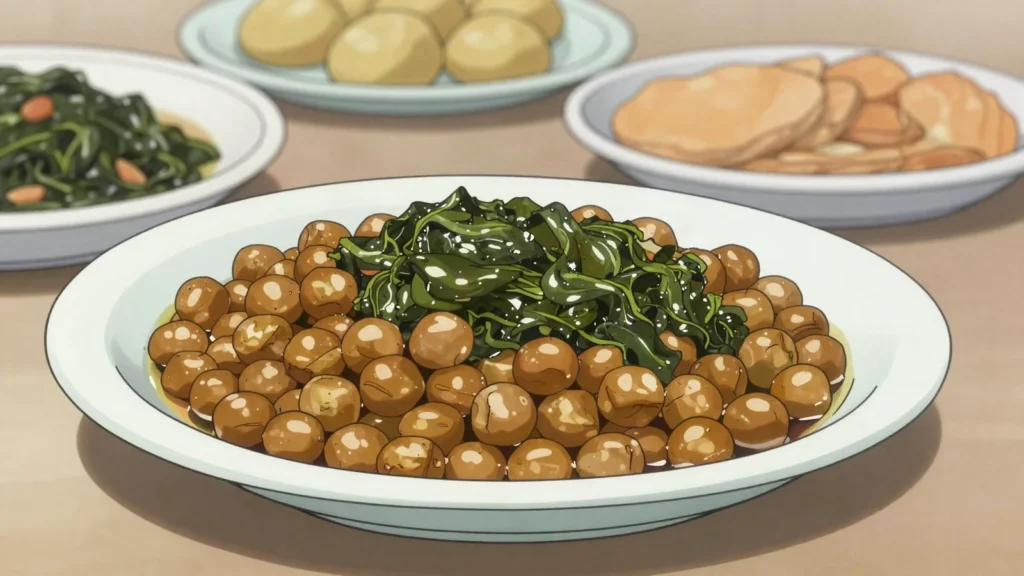 Dinawa, cowpeas or beans boiled plain and served beside papa, Lesotho salad & side, anime style