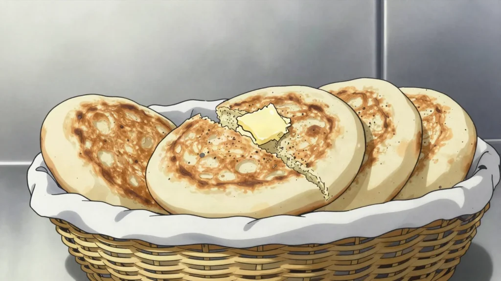 Diphaphatha, griddled flat muffin-like breads, split and buttered, Botswana bread & pastry, anime style