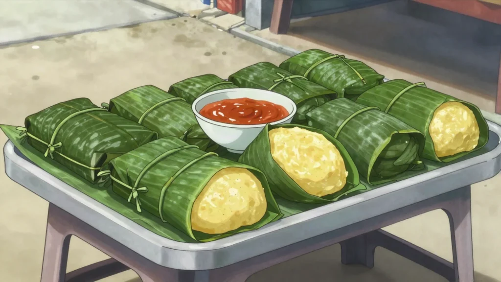 Dokounou, fermented maize dough steamed in leaf parcels, unwrapped hot and eaten with sauce, Benin street food, anime style