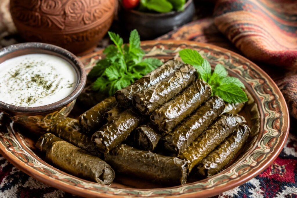 Dolma, vine leaves or vegetables stuffed with spiced rice, sometimes meat, Turkey main, anime style