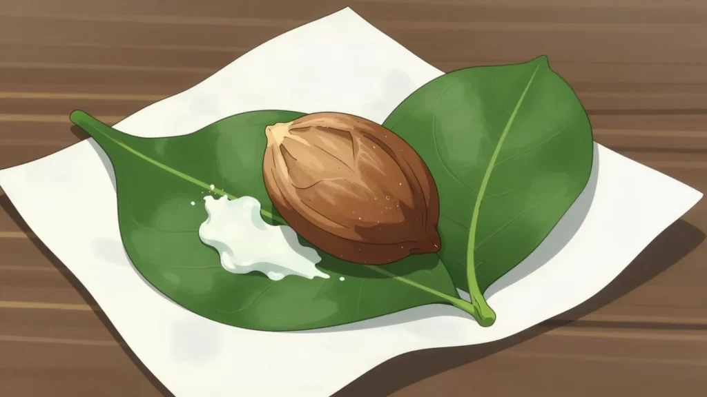 Doma, areca nut with betel leaf and slaked lime, chewed after meals and offered to guests, Bhutan snack, anime style