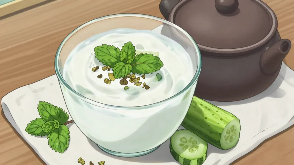 Doogh, fizzy or still salted yogurt drink with dried mint, Iran drink, anime style