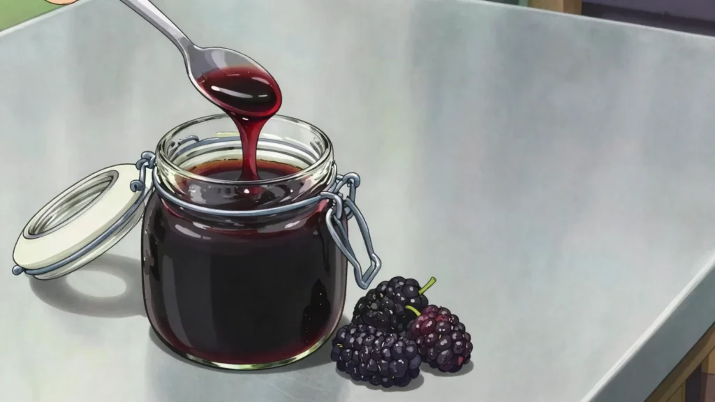 Doshab, dark syrup boiled down from mulberries or grapes, spooned over pastries, Azerbaijan sauce & condiment, anime style