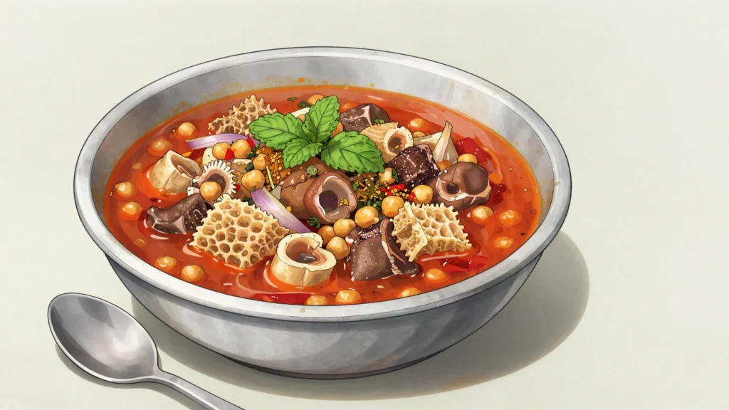 Douara, tripe and offal stewed with chickpeas, mint and dried herbs, Algeria soup & stew, anime style