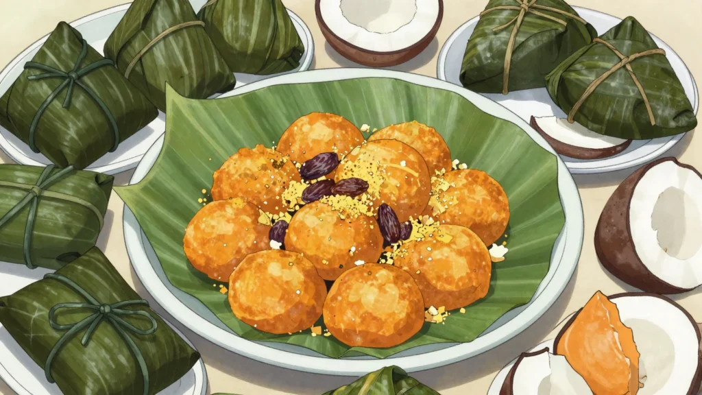 Ducana, steamed sweet potato-coconut dumpling, often with, Saint Vincent and the Grenadines salad & side, anime style