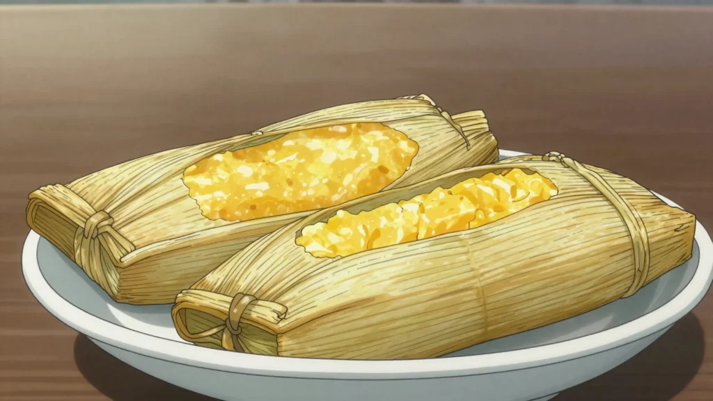 Ducunu, sweet fresh-corn pudding steamed in a corn husk, Belize snack, anime style