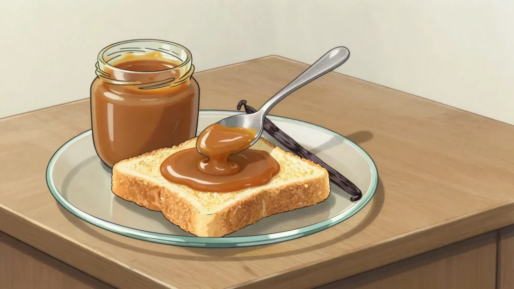 Dulce de leche, slow-caramelized milk spread on toast and into every pastry, Argentina dessert, anime style