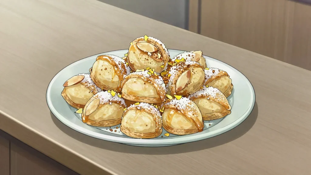 Dziriette, almond-filled Algiers pastries glazed with honey and dusted with sugar, Algeria dessert, anime style