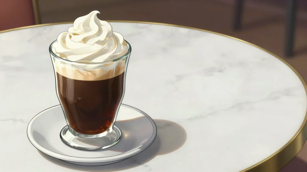 Einspänner, strong black coffee in a glass under a thick cap of whipped cream, Austria drink, anime style