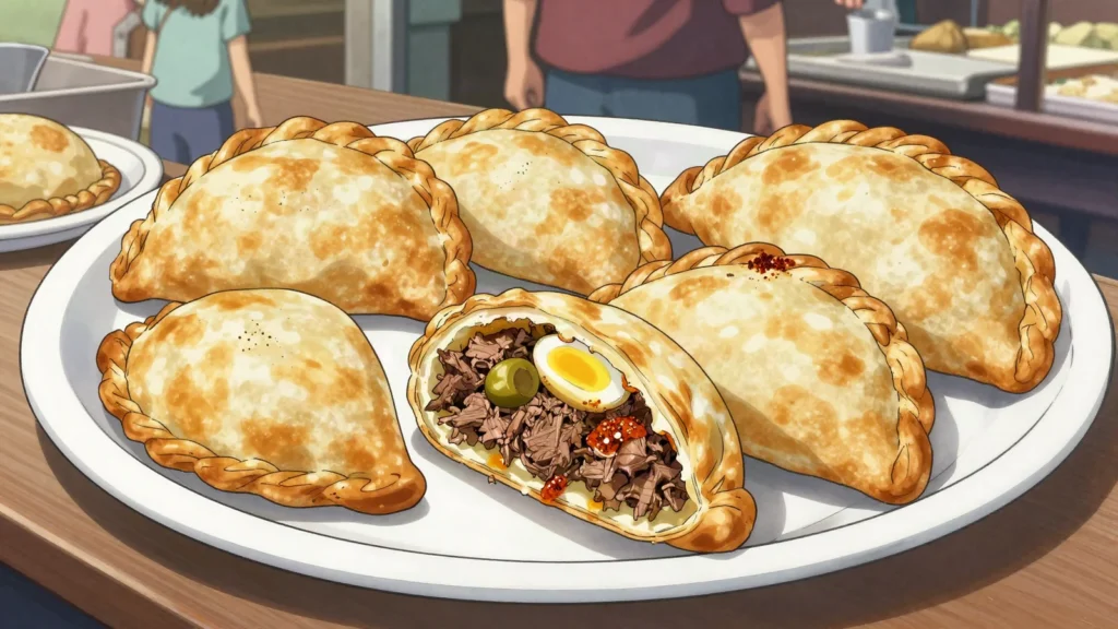 Empanadas, provincial turnovers of hand-cut beef, olive and egg; Salta's are famed, Argentina street food, anime style
