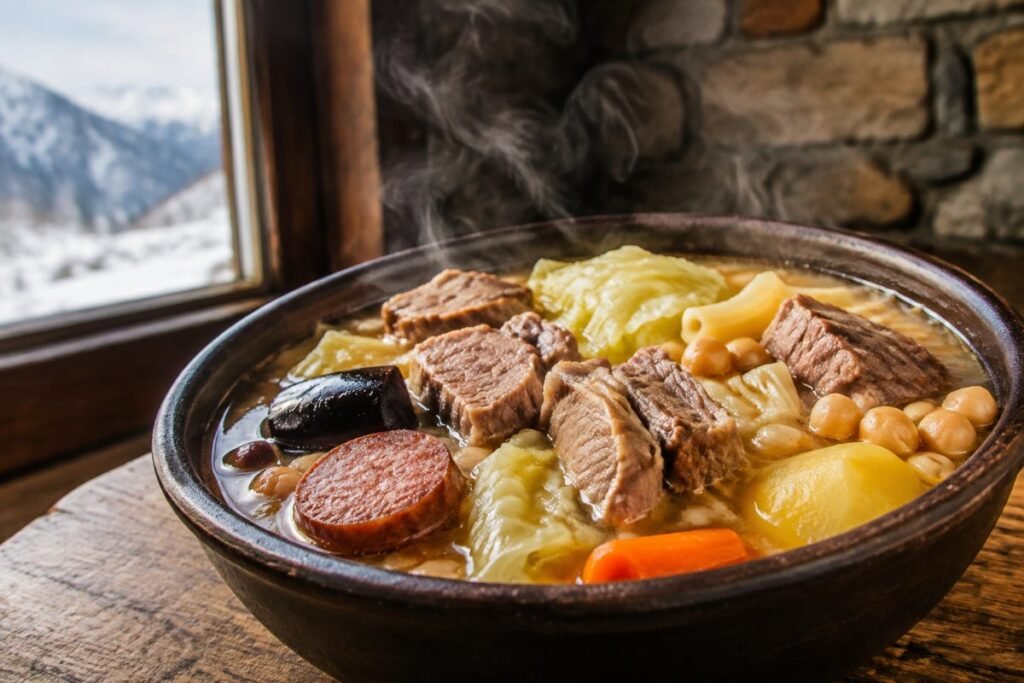 Escudella, meat, sausage, vegetable and pasta hotpot, the national dish, Andorra soup & stew, anime style