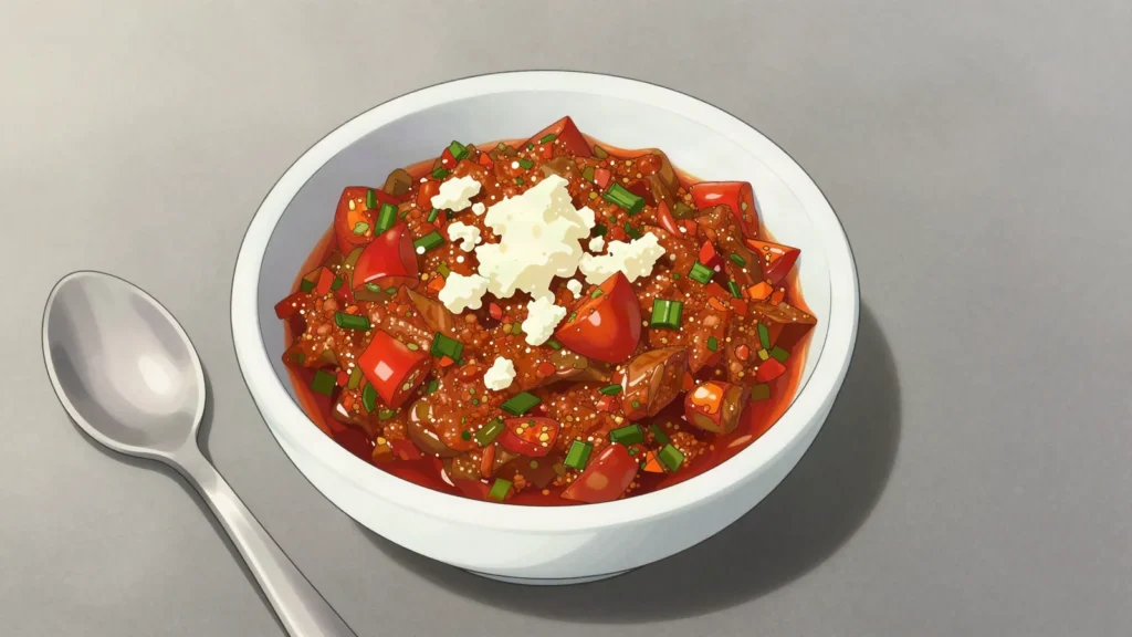 Ezay, raw chilli pounded with cheese, tomato, garlic and Sichuan pepper as a table, Bhutan sauce & condiment, anime style