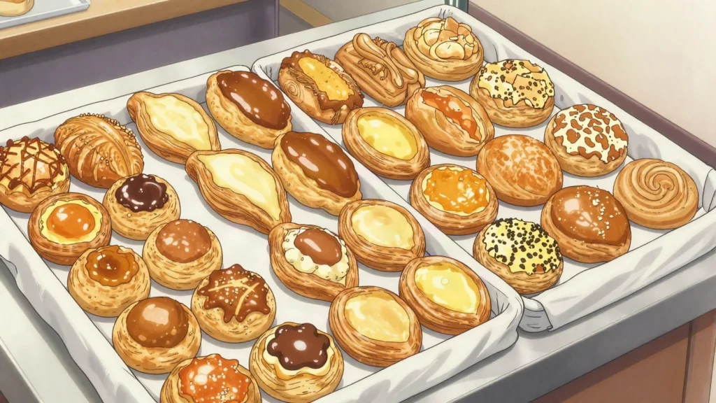 Facturas, sweet breakfast pastries bought by the dozen for the office or home, Argentina bread & pastry, anime style