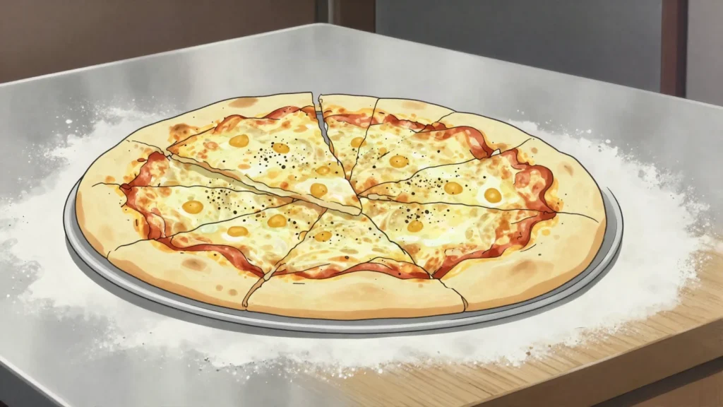 Fainá, chickpea flatbread ordered 'a caballo' atop pizza, Uruguay bread & pastry, anime style
