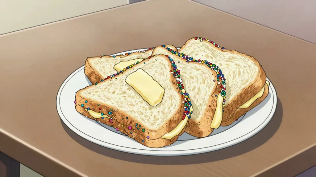 Fairy Bread, white bread triangles with butter and rainbow sprinkles, birthday party essential, Australia snack, anime style