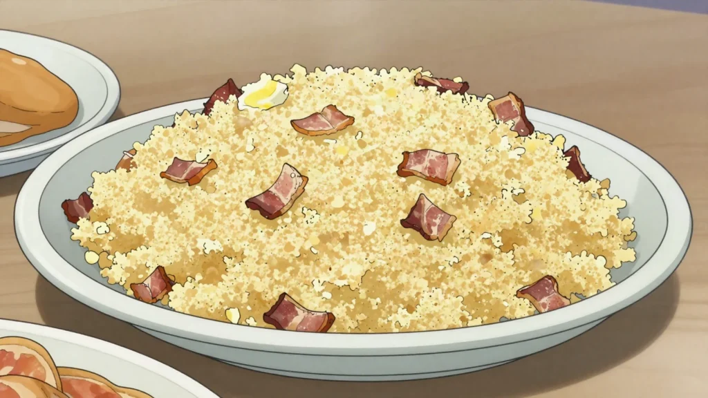 Farofa, toasted cassava flour with butter and bacon, sprinkled over everything, Brazil salad & side, anime style