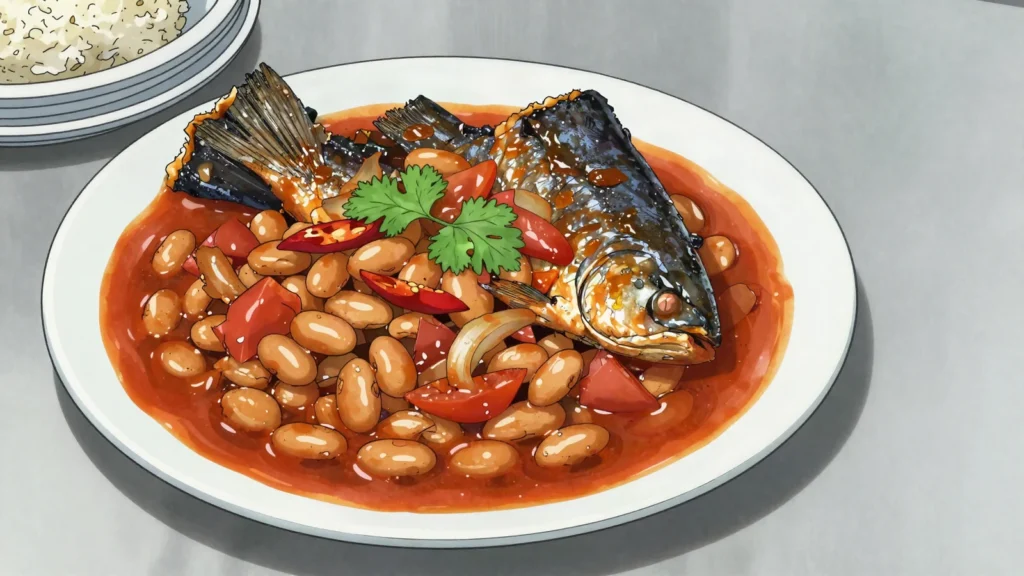 Feijão de óleo de palma, beans stewed in red palm oil with smoked fish, served with funge, Angola main, anime style