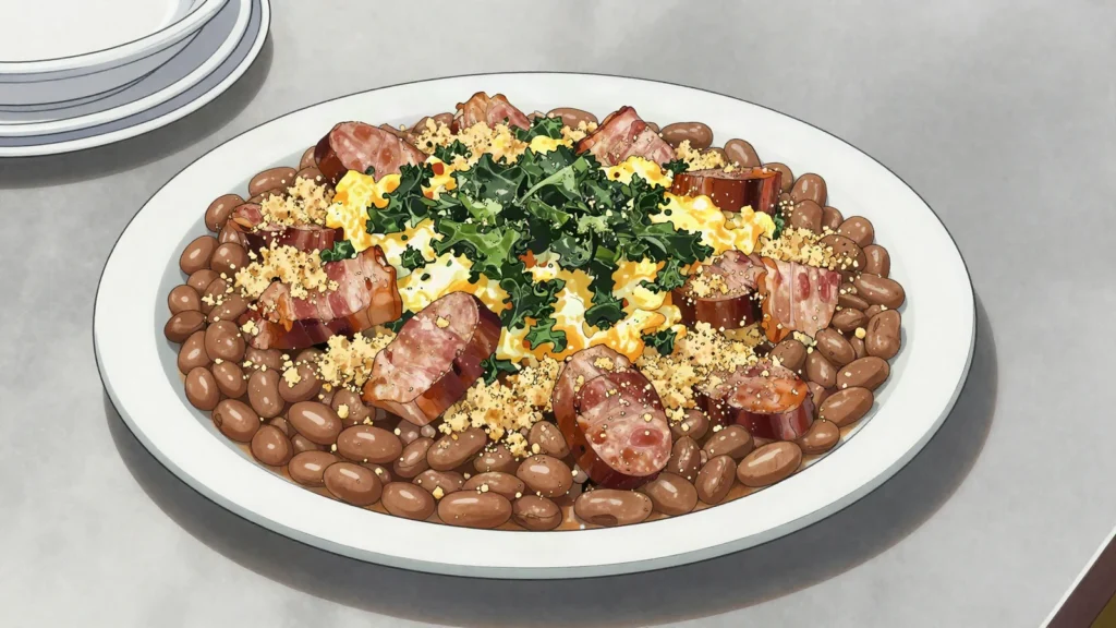 Feijão tropeiro, minas beans tossed with cassava flour, sausage, eggs and kale, Brazil main, anime style