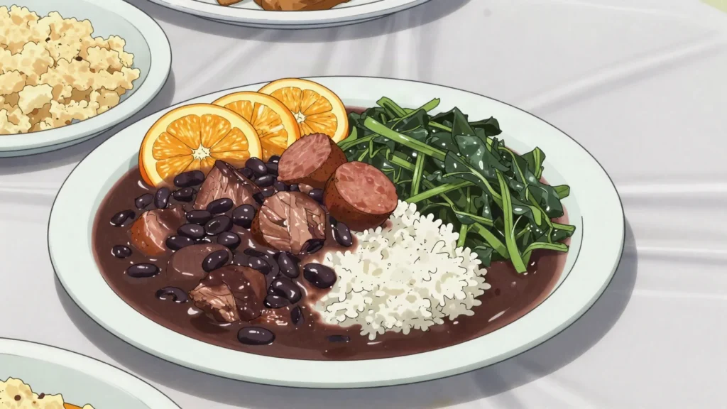 Feijoada, portuguese-legacy pork and bean stew served with rice, Timor-Leste soup & stew, anime style