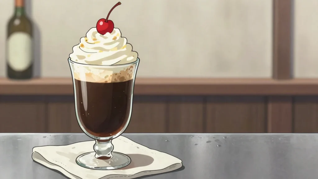 Fiaker, black coffee with rum or kirsch, sugar and whipped cream, Austria cocktail, anime style
