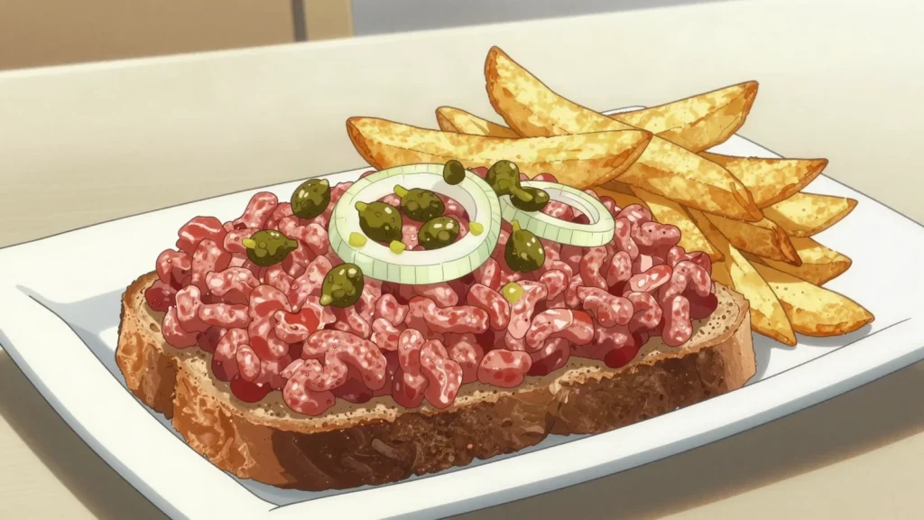 Filet américain, seasoned raw minced beef spread on bread or with fries, Belgium snack, anime style