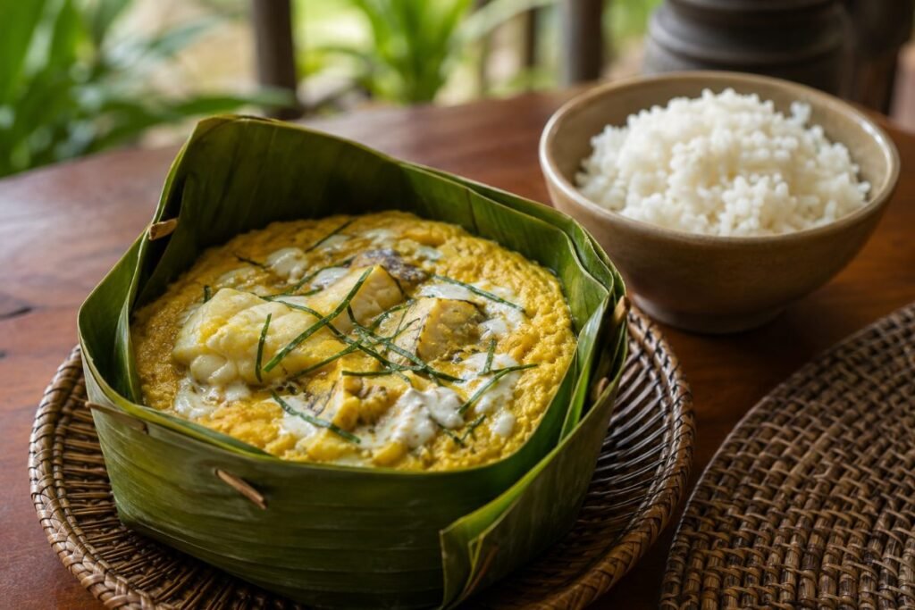 Fish Amok, fish in coconut-kroeung custard steamed in a banana-leaf cup, Cambodia main, anime style