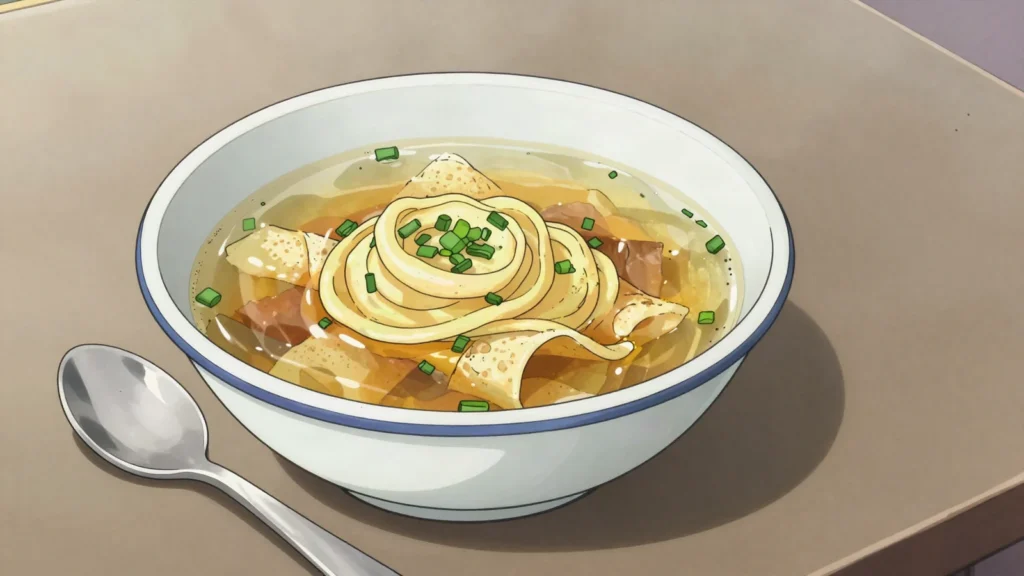 Frittatensuppe, clear beef broth with sliced-pancake ribbons, Austria soup & stew, anime style