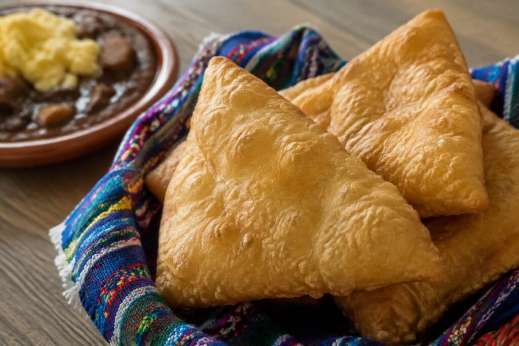 Fry jacks, puffy fried dough triangles with beans, eggs, or jam, Belize breakfast, anime style