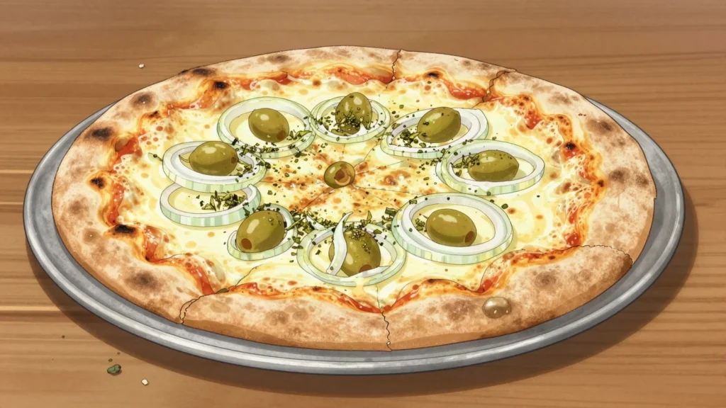 Fugazzeta, cheese-stuffed, onion-topped pizza, Buenos Aires porteño pride, Argentina main, anime style