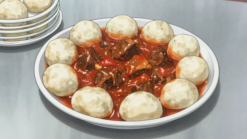 Gabout, dough dumplings simmered in a spiced meat and tomato stew, Bahrain main, anime style